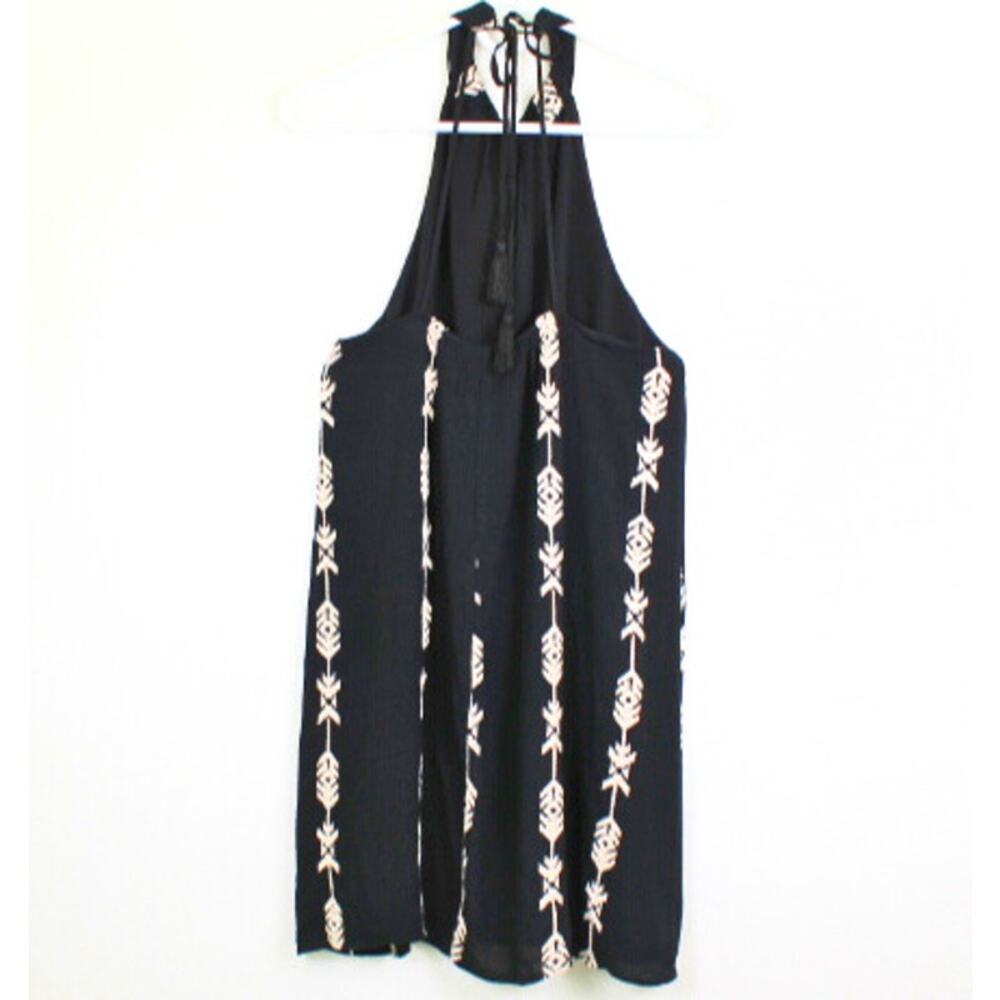 Lush Boho Halter Dress Sz Med Black Embroidered Shift Festival Cowgirl Flowy LBD - Picture 3 of 8
